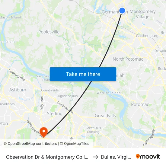 Observation Dr & Montgomery College to Dulles, Virginia map