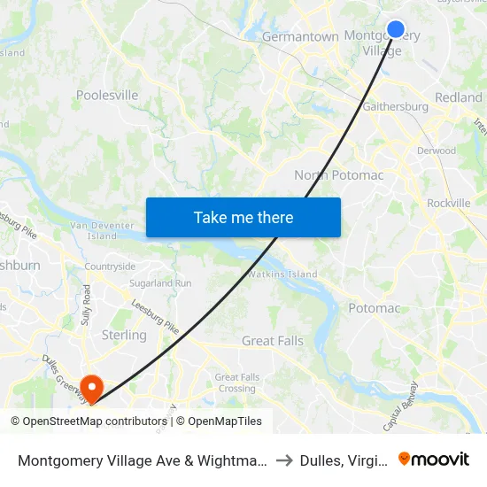 Montgomery Village Ave & Wightman Rd to Dulles, Virginia map