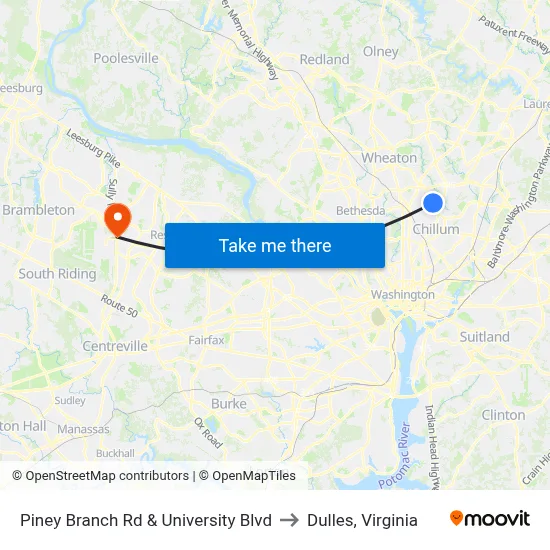 Piney Branch Rd & University Blvd to Dulles, Virginia map