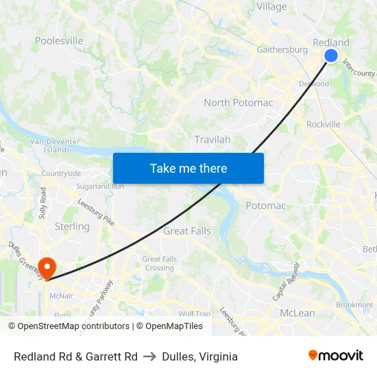 Redland Rd & Garrett Rd to Dulles, Virginia map