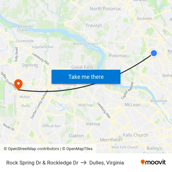 Rock Spring Dr & Rockledge Dr to Dulles, Virginia map