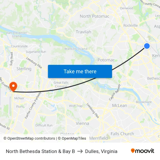 North Bethesda Station & Bay B to Dulles, Virginia map