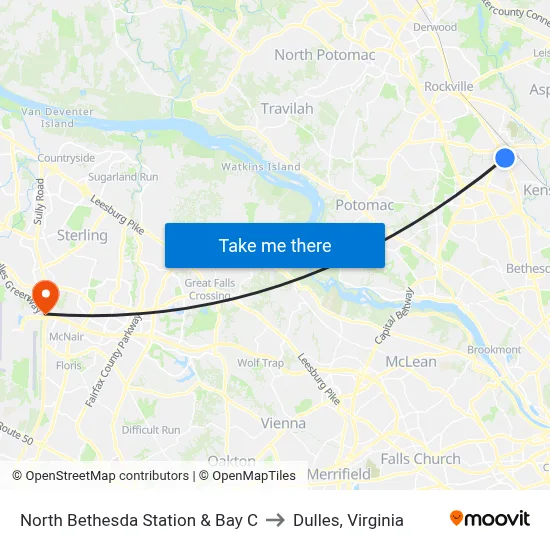 North Bethesda Station & Bay C to Dulles, Virginia map