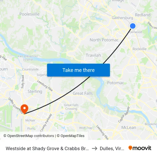 Westside at Shady Grove & Crabbs Branch Way to Dulles, Virginia map