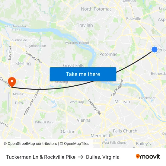 Tuckerman Ln & Rockville Pike to Dulles, Virginia map