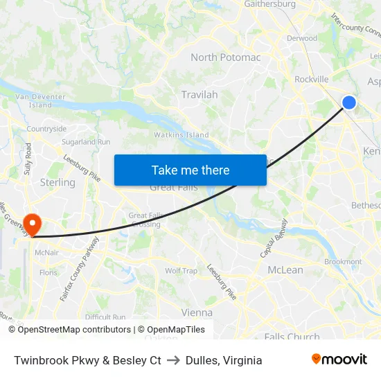 Twinbrook Pkwy & Besley Ct to Dulles, Virginia map