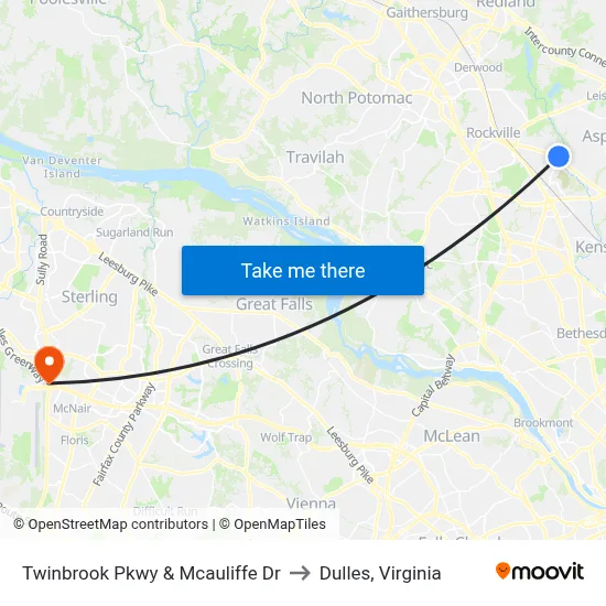 Twinbrook Pkwy & Mcauliffe Dr to Dulles, Virginia map