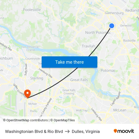Washingtonian Blvd & Rio Blvd to Dulles, Virginia map