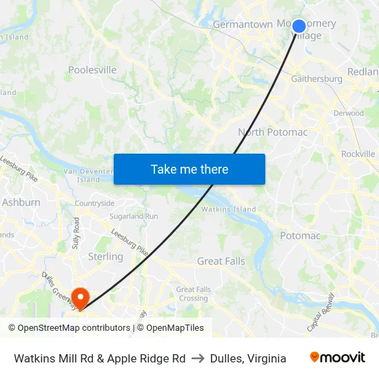 Watkins Mill Rd & Apple Ridge Rd to Dulles, Virginia map