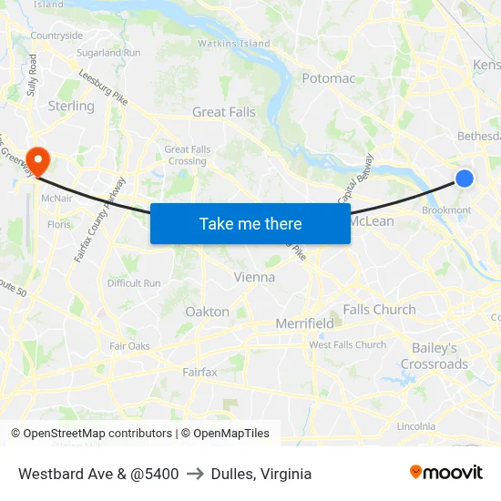 Westbard Ave & @5400 to Dulles, Virginia map