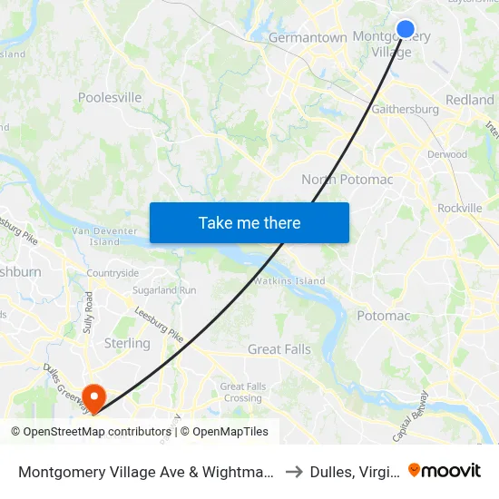 Montgomery Village Ave & Wightman Blvd to Dulles, Virginia map