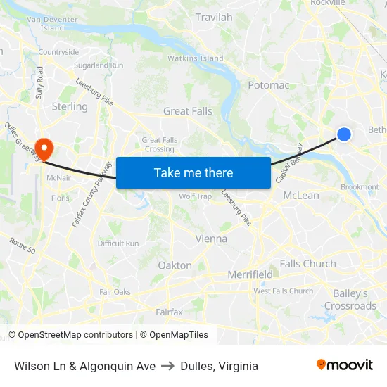 Wilson Ln & Algonquin Ave to Dulles, Virginia map