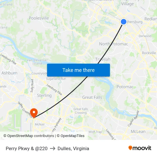 Perry Pkwy & @220 to Dulles, Virginia map