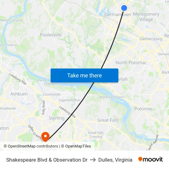 Shakespeare Blvd & Observation Dr to Dulles, Virginia map