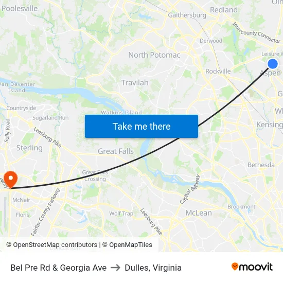 Bel Pre Rd & Georgia Ave to Dulles, Virginia map