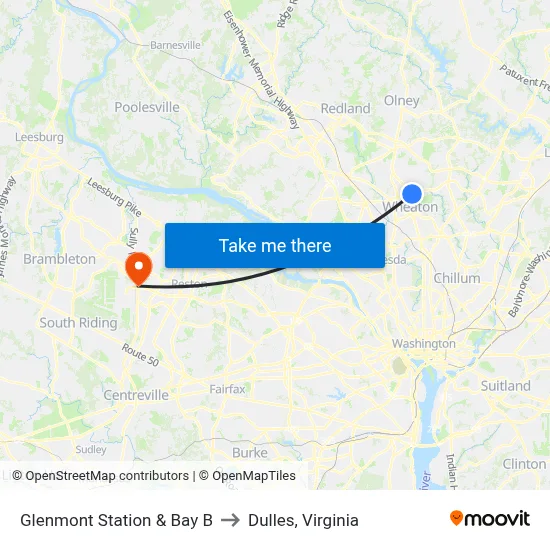Glenmont Station & Bay B to Dulles, Virginia map