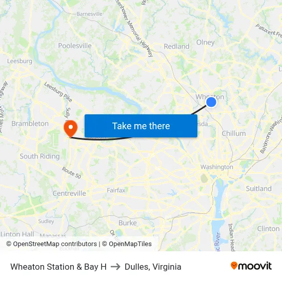 Wheaton Station & Bay H to Dulles, Virginia map