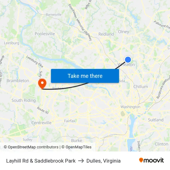 Layhill Rd & Saddlebrook Park to Dulles, Virginia map