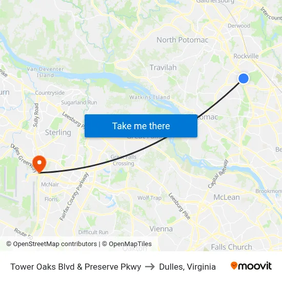 Tower Oaks Blvd & Preserve Pkwy to Dulles, Virginia map