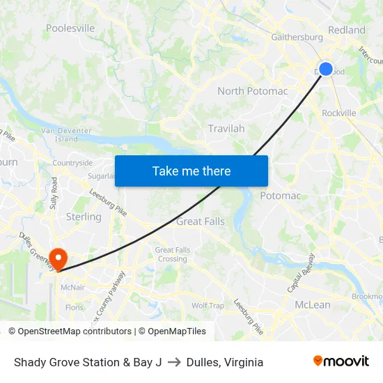 Shady Grove Station & Bay J to Dulles, Virginia map
