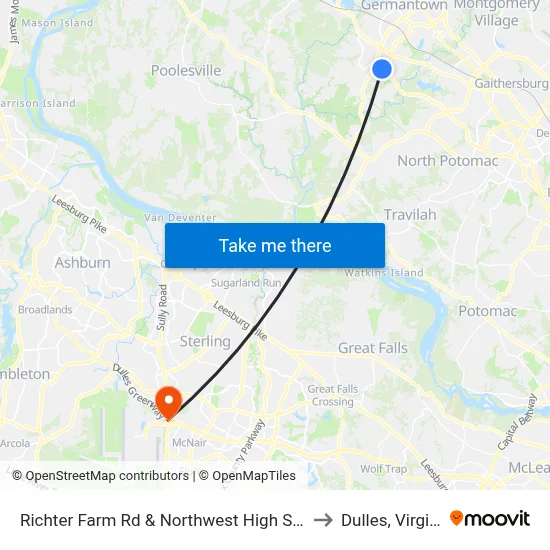 Richter Farm Rd & Northwest High School to Dulles, Virginia map