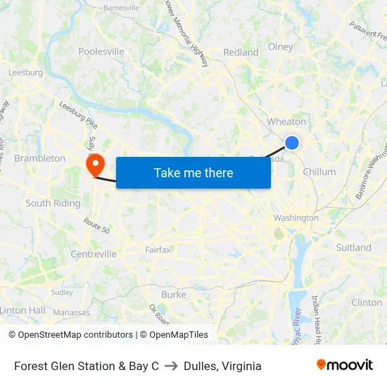 Forest Glen Station & Bay C to Dulles, Virginia map
