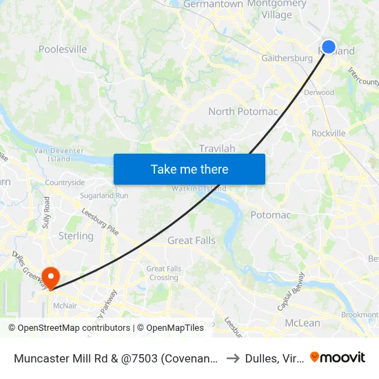 Muncaster Mill Rd & @7503 (Covenant Life Church) to Dulles, Virginia map