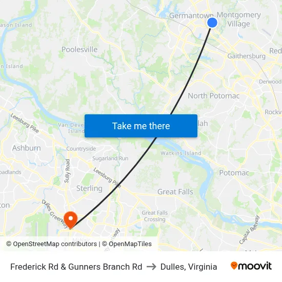 Frederick Rd & Gunners Branch Rd to Dulles, Virginia map