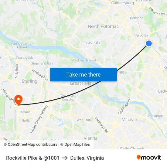 Rockville Pike & @1001 to Dulles, Virginia map