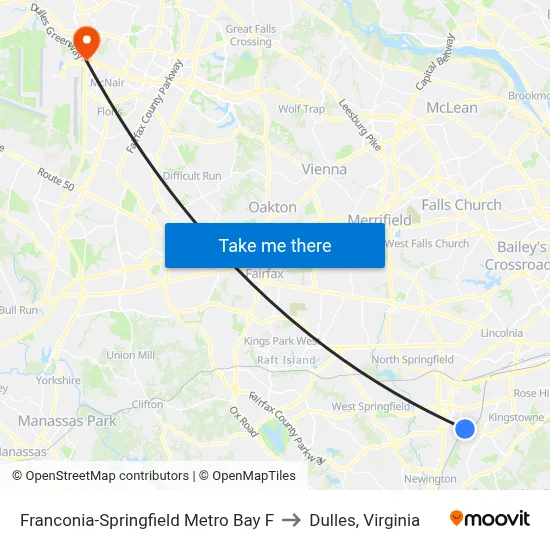 Franconia-Springfield Metro Bay F to Dulles, Virginia map