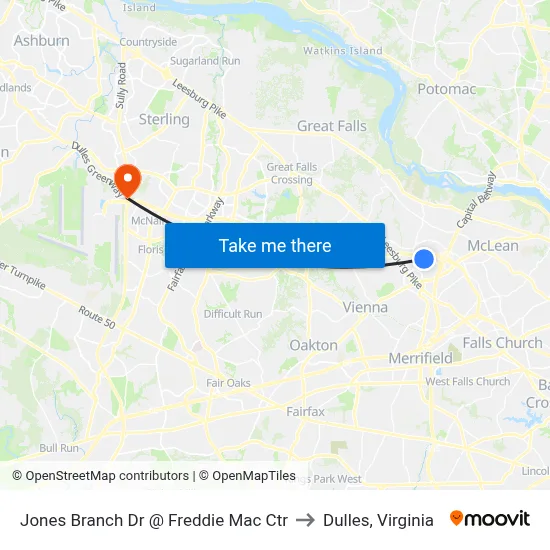 Jones Branch Dr @ Freddie Mac Ctr to Dulles, Virginia map