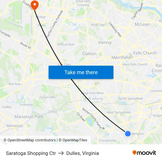 Saratoga Shopping Ctr to Dulles, Virginia map