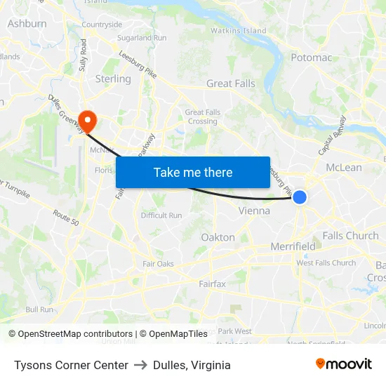 Tysons Corner Center to Dulles, Virginia map