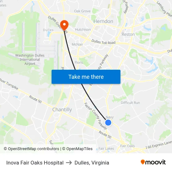 Inova Fair Oaks Hospital to Dulles, Virginia map