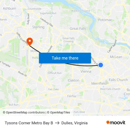 Tysons Corner Metro Bay B to Dulles, Virginia map