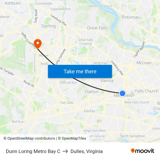 Dunn Loring Metro Bay C to Dulles, Virginia map