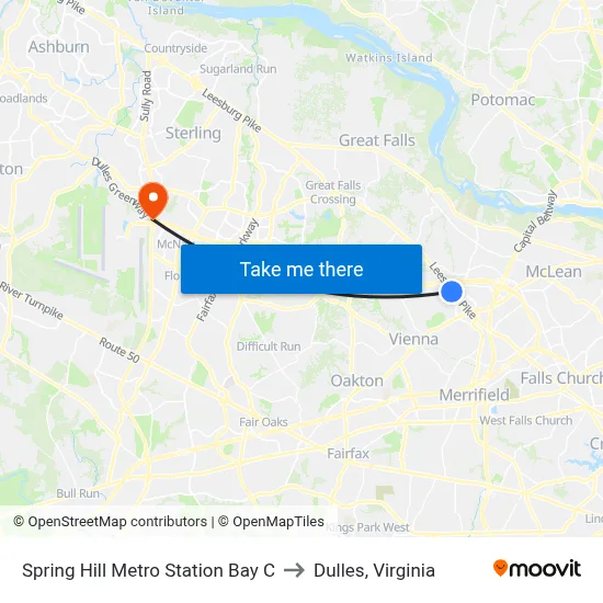 Spring Hill Metro Station Bay C to Dulles, Virginia map
