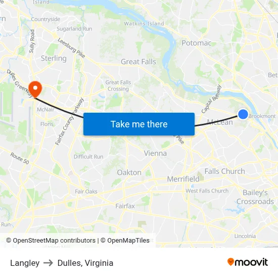 Langley to Dulles, Virginia map