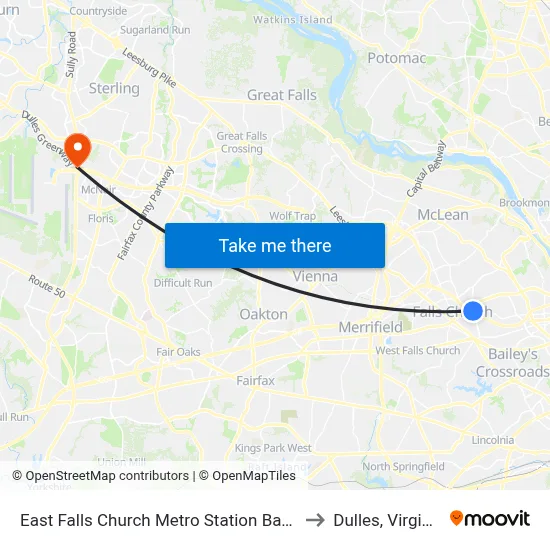 East Falls Church Metro Station Bay B to Dulles, Virginia map