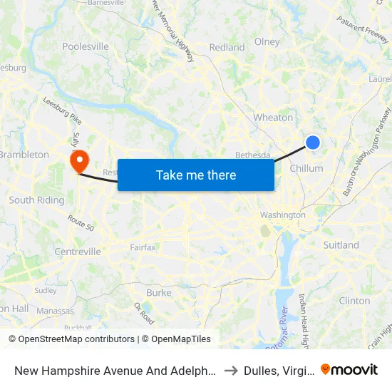 New Hampshire Avenue And Adelphi Road to Dulles, Virginia map