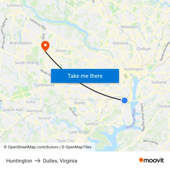 Huntington to Dulles, Virginia map