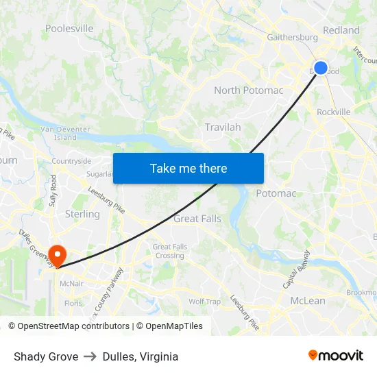 Shady Grove to Dulles, Virginia map