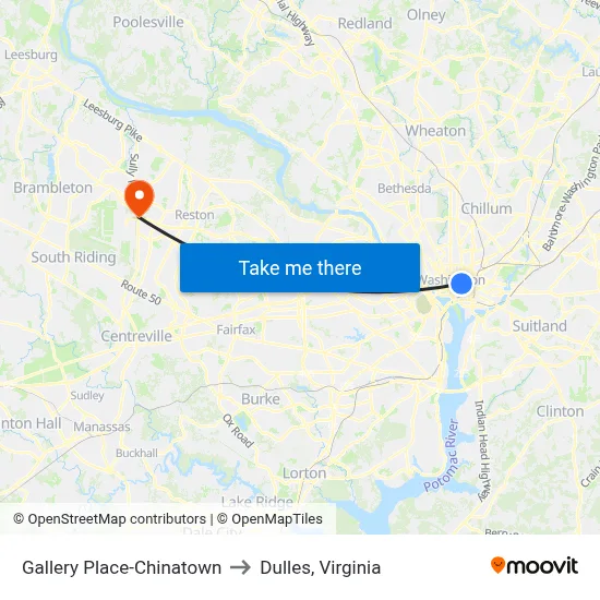 Gallery Place-Chinatown to Dulles, Virginia map