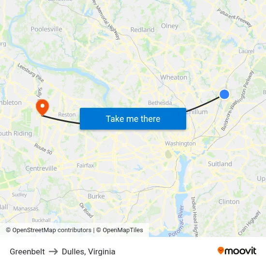 Greenbelt to Dulles, Virginia map