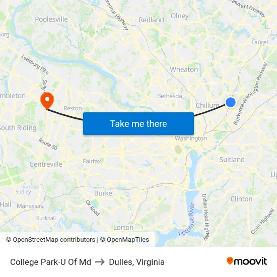 College Park-U Of Md to Dulles, Virginia map