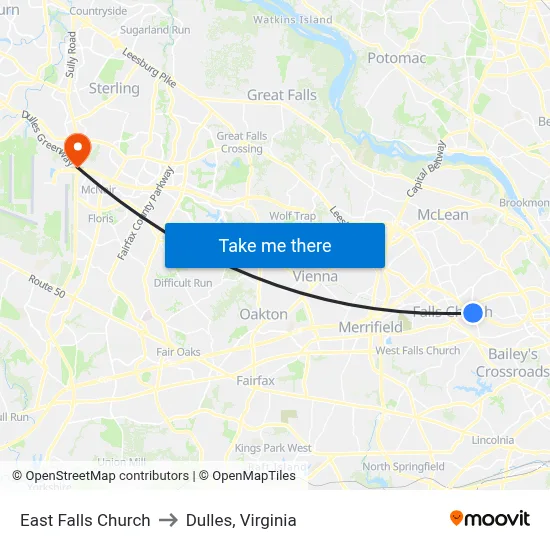 East Falls Church to Dulles, Virginia map