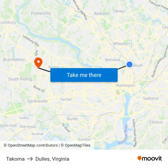 Takoma to Dulles, Virginia map