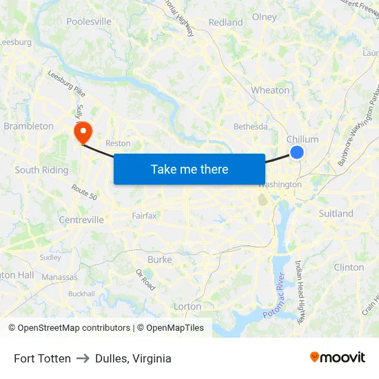 Fort Totten to Dulles, Virginia map