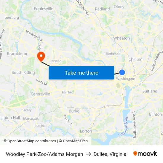 Woodley Park-Zoo/Adams  Morgan to Dulles, Virginia map