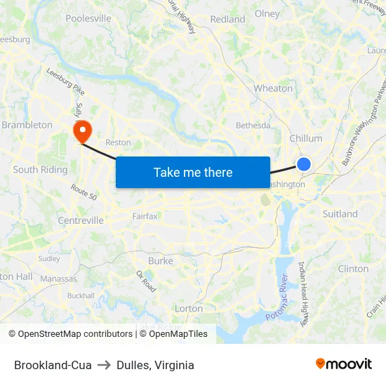 Brookland-Cua to Dulles, Virginia map